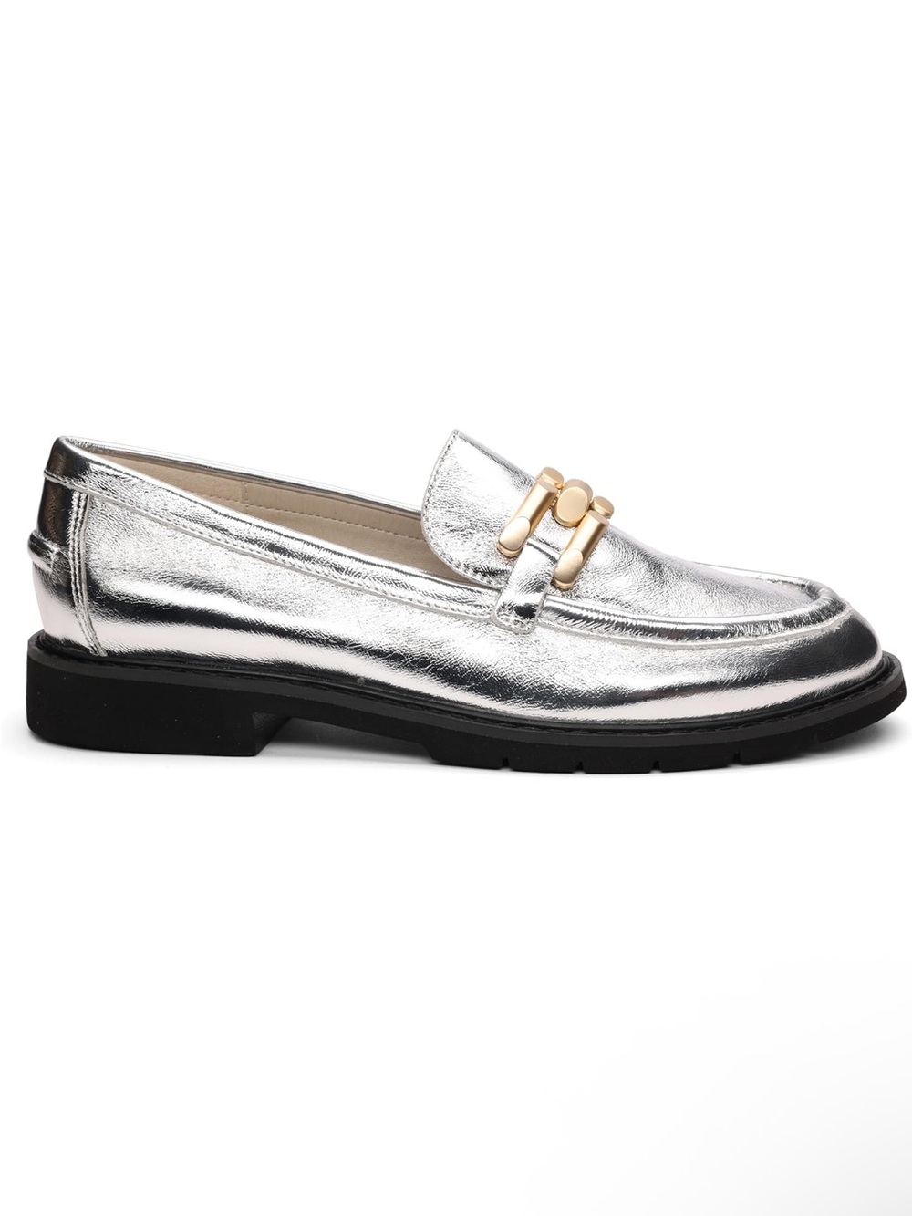 Sanctuary Silver Metallic Leather Women's Loafer with Gold Accent